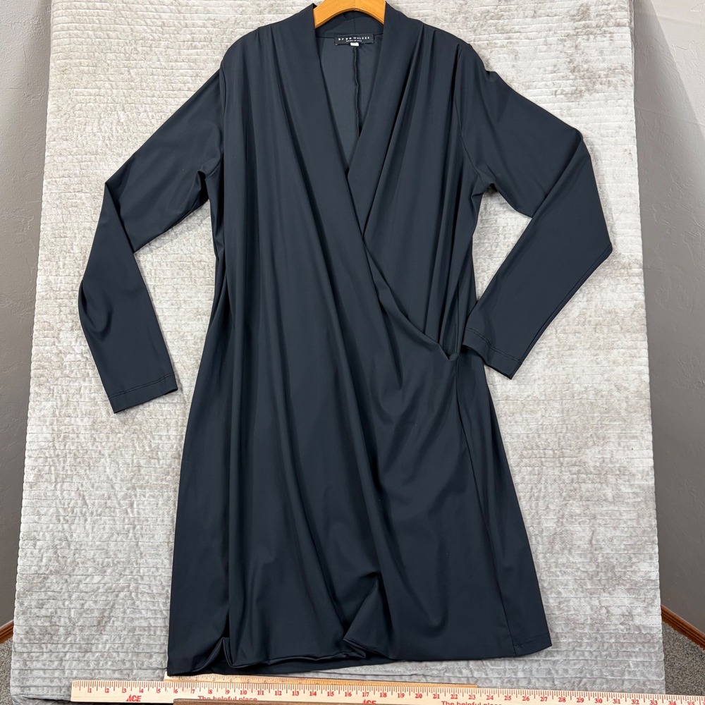 Bryn Walker Black Long Sleeve Wrap Front V-Neck Jersey Knit Dress XL Made in USA